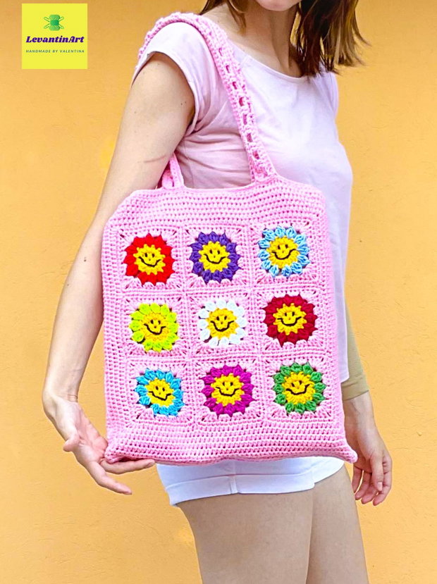 Happy Flowers - Geanta roz. Culoare la alegere. Geanta handmade din bumbac. Geanta XL. LA COMANDA