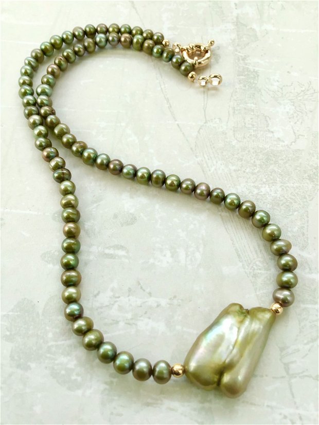 Colier CHOKER perle de cultura kaki aurii & perla Baroc