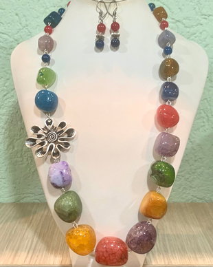 SET~HAPPY SUMMER~agate mari multicolore,accesorii argintii,zamac argintat