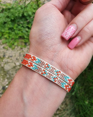 Bratara Miyuki armonie duo in culorile cappuccino, coral, turcoaz si fildes
