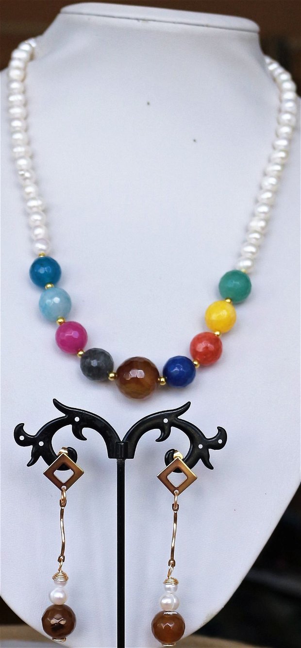 Set colier si cercei din perle de cultura din agate fatetate multicolore