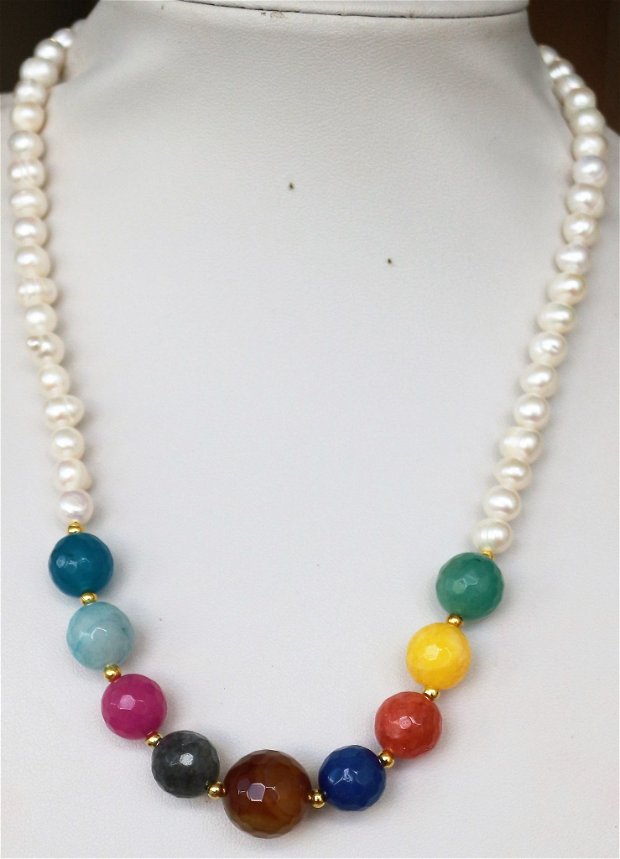 Set colier si cercei din perle de cultura din agate fatetate multicolore