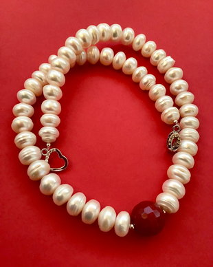 Colier perle albe de cultura & rubin