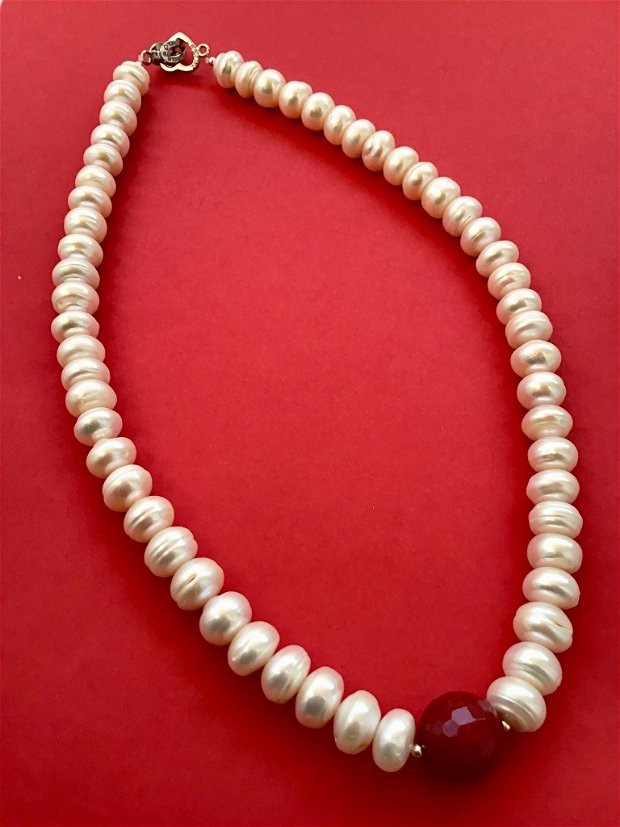 Colier perle albe de cultura & rubin