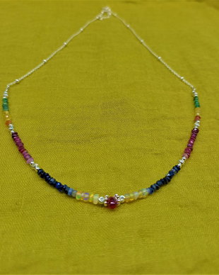 Colier argint rubin opal de foc etiopian safir smarald lant argint gradient mixt multicolor minimalist boho chic - Transport gratuit