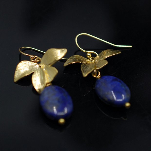 Cercei din alama si lapis lazuli, cercei lungi, cercei statement, cercei handmade