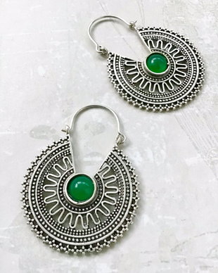 Cercei Boho Zamac argintat & Jad verde