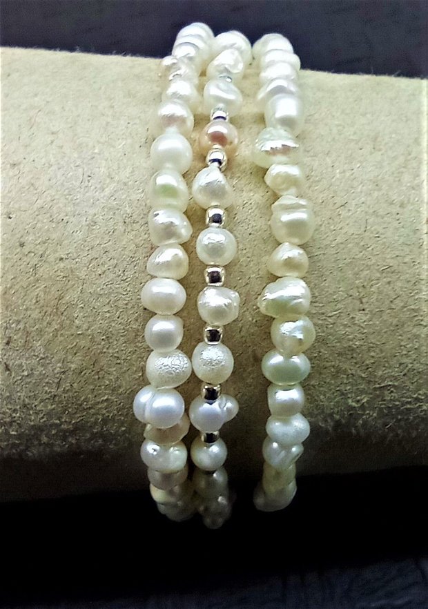 Bratara argint X3 perle de cultura naturale free form clasica - Transport gratuit