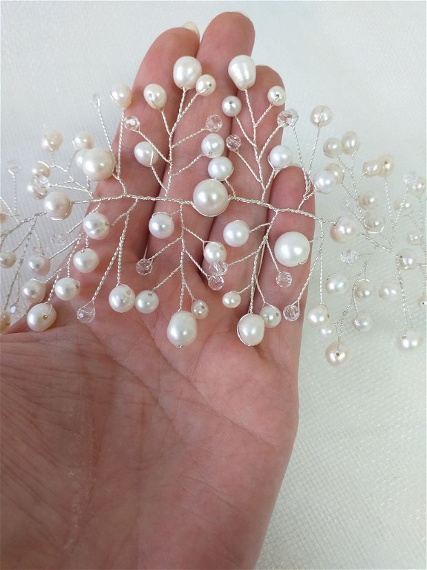 Coronița mireasă din  perle de cultură și cristale swarovski