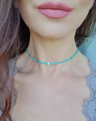 Choker turcoaz cu perla de cultura si charm trifoi pentru noroc