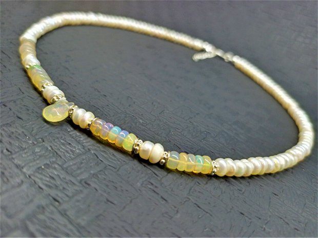 Colier argint opal de foc etiopian perle de cultura naturale brioleta disc heishiclasic elegant ocazii mireasa wearable trandyTransport gratuit