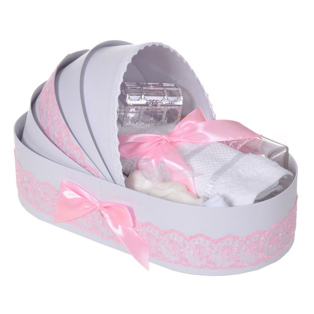 Lumanare botez cu iepuras, personalizata si trusou botez in landou, decor Roz