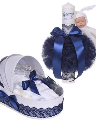 Lumanare botez cu iepuras, personalizata si trusou botez in landou, decor Bleumarine