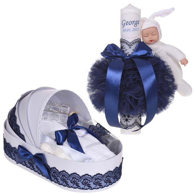 Lumanare botez cu iepuras, personalizata si trusou botez in landou, decor Bleumarine