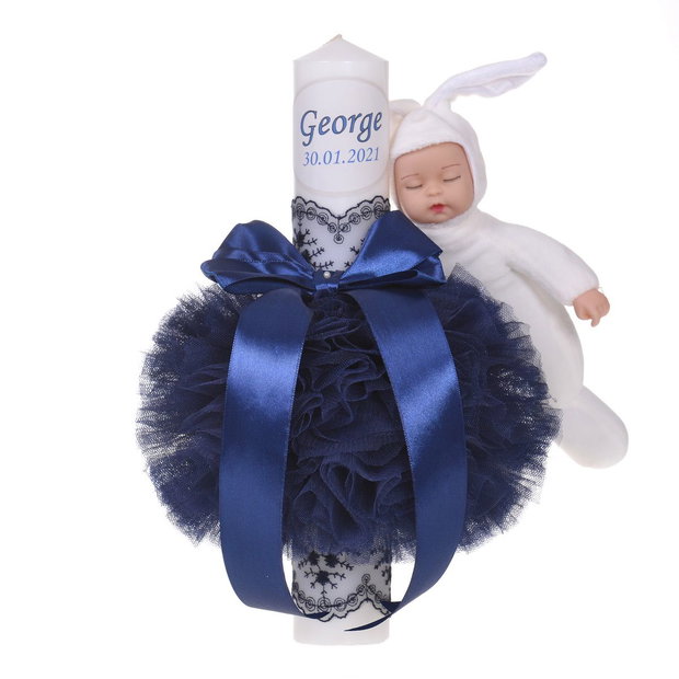 Lumanare botez cu iepuras, personalizata si trusou botez in landou, decor Bleumarine