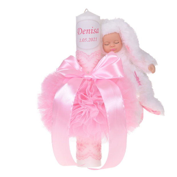 Lumanare botez cu iepuras, personalizata si trusou botez in landou, decor Roz