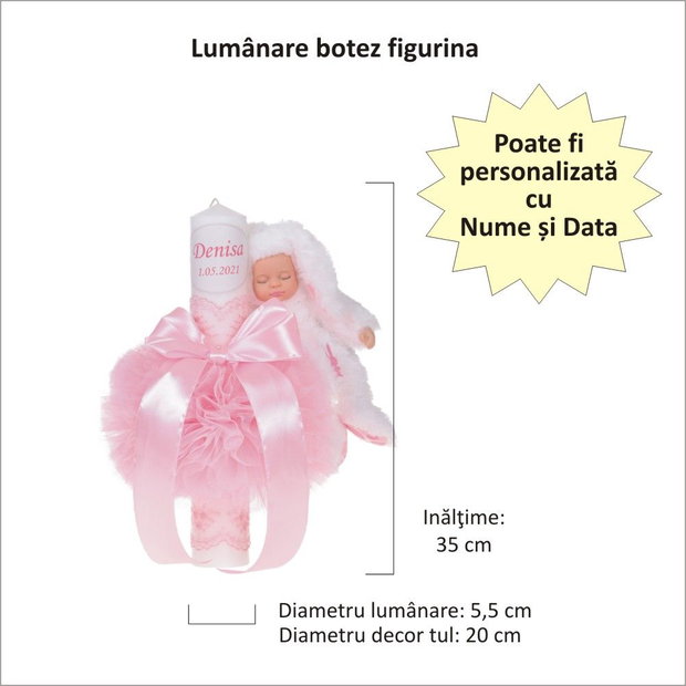 Lumanare botez cu iepuras, personalizata si trusou botez in landou, decor Roz