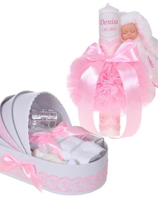 Lumanare botez cu iepuras, personalizata si trusou botez in landou, decor Roz