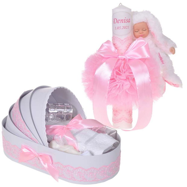 Lumanare botez cu iepuras, personalizata si trusou botez in landou, decor Roz