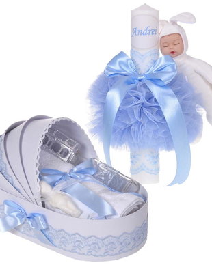 Lumanare botez cu iepuras, personalizata si trusou botez in landou, decor Bleu