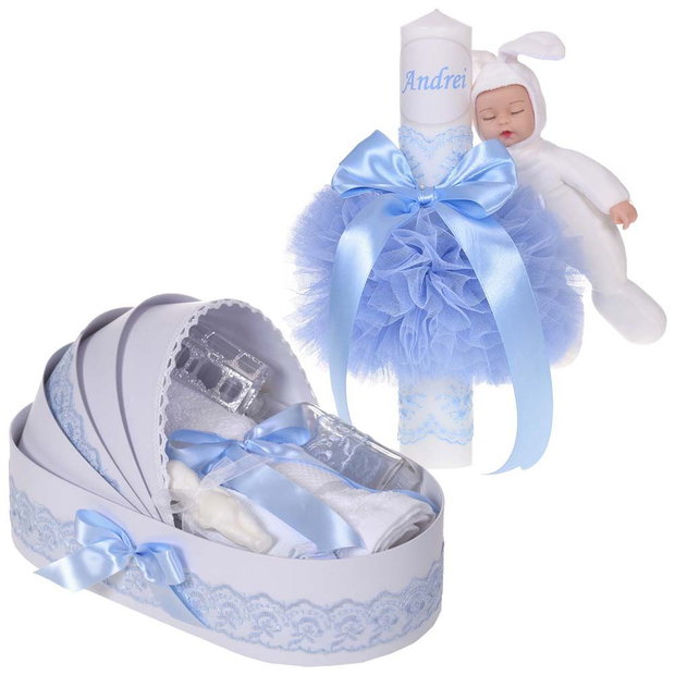 Lumanare botez cu iepuras, personalizata si trusou botez in landou, decor Bleu