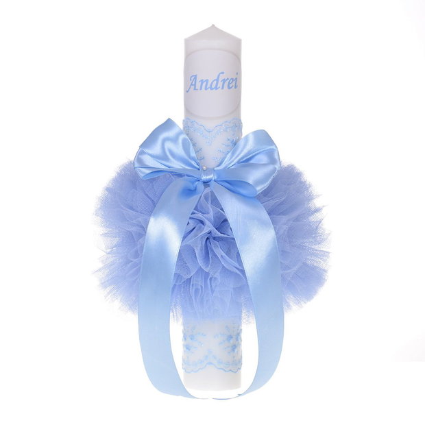 Lumanare botez cu iepuras, personalizata si trusou botez in landou, decor Bleu