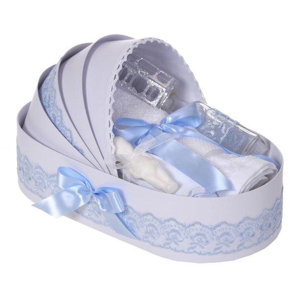Lumanare botez cu iepuras, personalizata si trusou botez in landou, decor Bleu