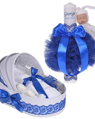 Lumanare botez cu iepuras, personalizata si trusou botez in landou, decor Albastru