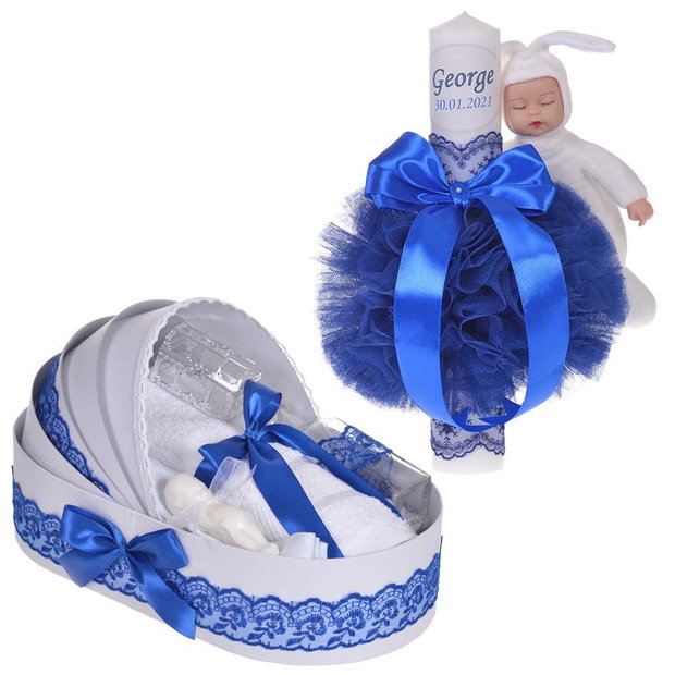 Lumanare botez cu iepuras, personalizata si trusou botez in landou, decor Albastru
