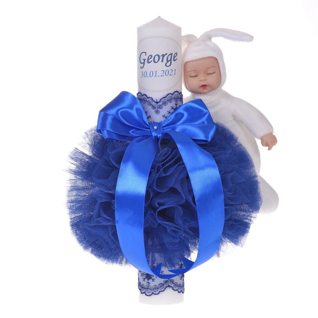 Lumanare botez cu iepuras, personalizata si trusou botez in landou, decor Albastru