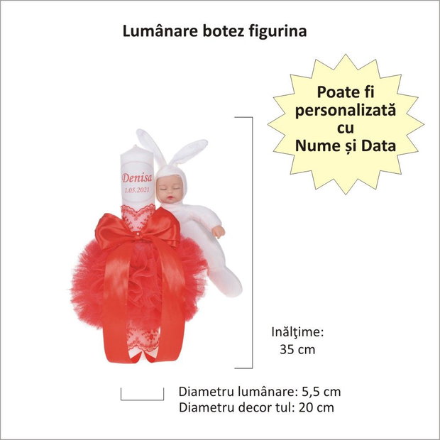 Lumanare botez cu iepuras, personalizata si trusou botez in landou, decor Rosu