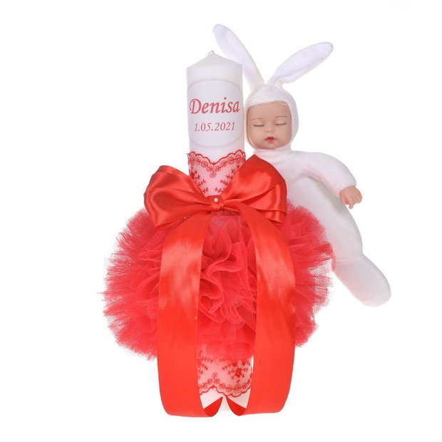 Lumanare botez cu iepuras, personalizata si trusou botez in landou, decor Rosu