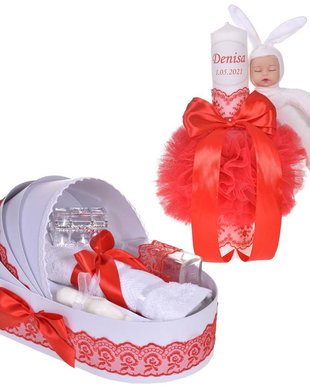 Lumanare botez cu iepuras, personalizata si trusou botez in landou, decor Rosu