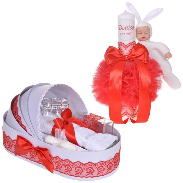 Lumanare botez cu iepuras, personalizata si trusou botez in landou, decor Rosu