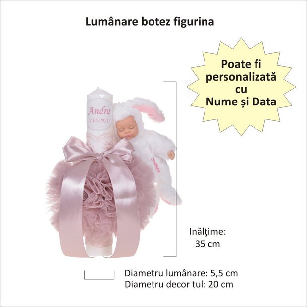 Lumanare botez cu iepuras, personalizata si trusou botez in landou, decor Roz prafuit