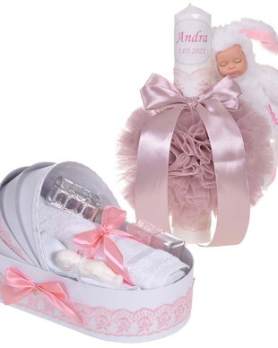 Lumanare botez cu iepuras, personalizata si trusou botez in landou, decor Roz prafuit