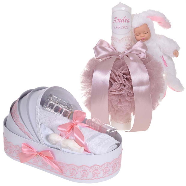 Lumanare botez cu iepuras, personalizata si trusou botez in landou, decor Roz prafuit