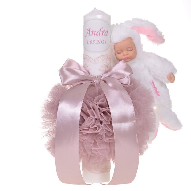 Lumanare botez cu iepuras, personalizata si trusou botez in landou, decor Roz prafuit