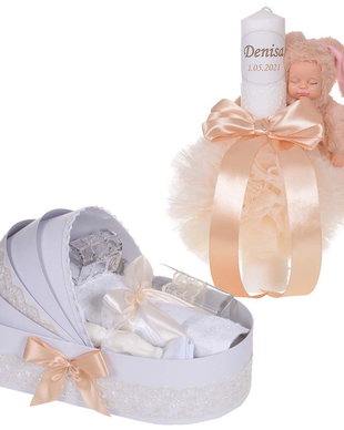 Lumanare botez cu iepuras, personalizata si trusou botez in landou, decor Ivoire