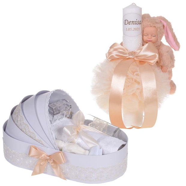 Lumanare botez cu iepuras, personalizata si trusou botez in landou, decor Ivoire