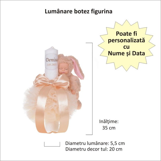 Lumanare botez cu iepuras, personalizata si trusou botez in landou, decor Ivoire