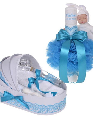 Lumanare botez cu iepuras, personalizata si trusou botez in landou, decor Turcoaz