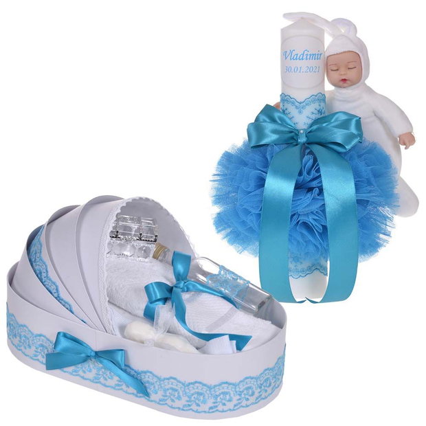 Lumanare botez cu iepuras, personalizata si trusou botez in landou, decor Turcoaz