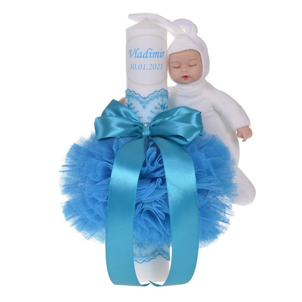 Lumanare botez cu iepuras, personalizata si trusou botez in landou, decor Turcoaz