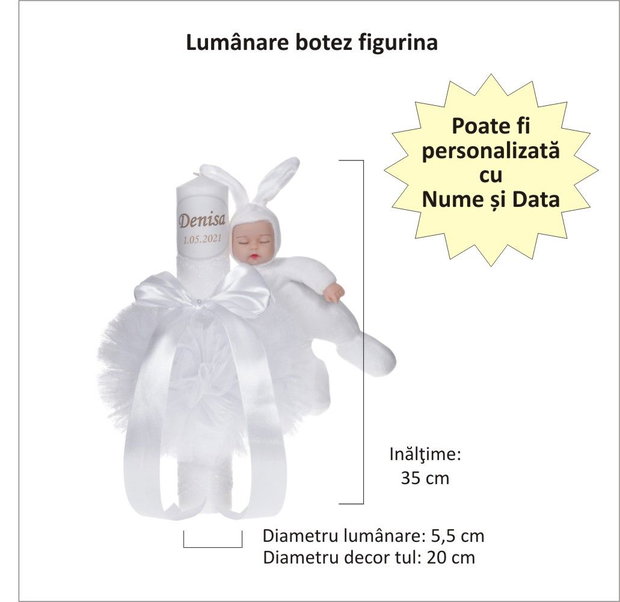 Lumanare botez cu iepuras, personalizata si trusou botez in landou, decor Alb