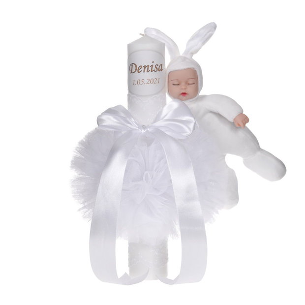 Lumanare botez cu iepuras, personalizata si trusou botez in landou, decor Alb