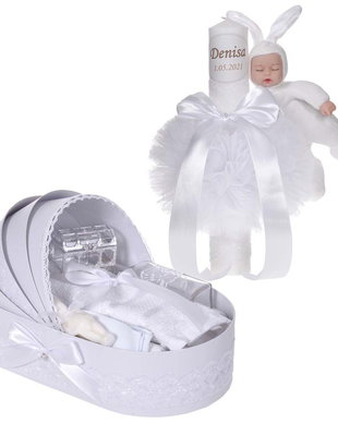 Lumanare botez cu iepuras, personalizata si trusou botez in landou, decor Alb