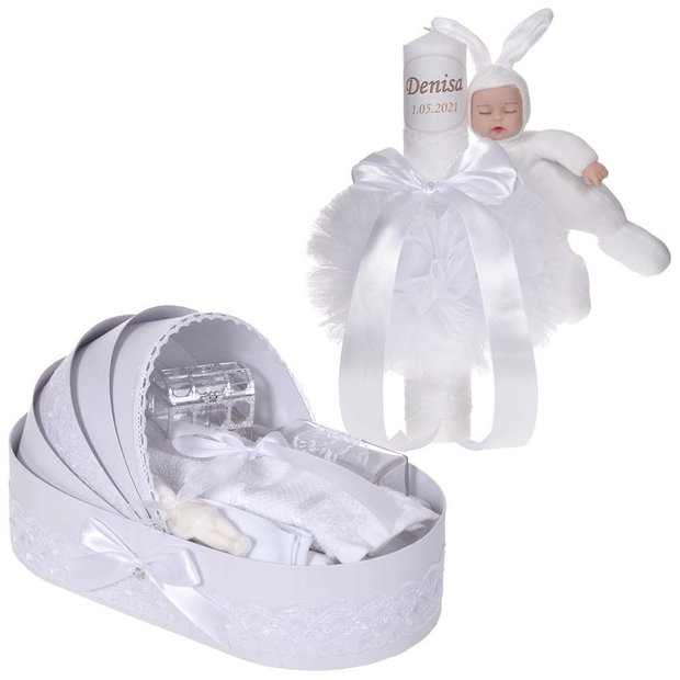 Lumanare botez cu iepuras, personalizata si trusou botez in landou, decor Alb