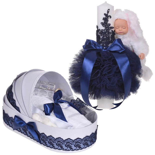 Lumanare botez cu iepuras pufos si trusou botez in landou, decor dantela Bleumarine