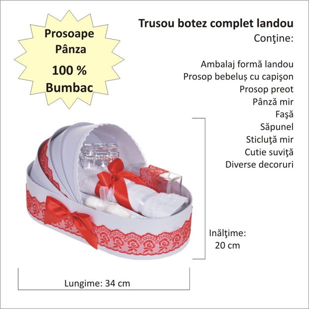 Lumanare botez cu iepuras pufos si trusou botez in landou, decor dantela Rosu